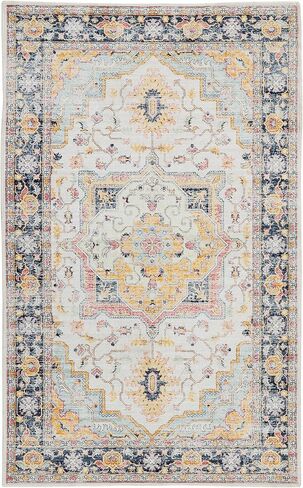 Kaspene Home - سجادة منطقة رفيعة قابلة للغسل في الغسالة - سجادة شرقية عتيقة لغرفة الطعام باللون البرتقالي والأزرق وغرفة النوم وغرفة المعيشة - مقاومة للبقع والماء، وغير قابلة للانزلاق، وصديقة للحيوانات الأليفة والأطفال، مقاس 6x9 in Kuwait