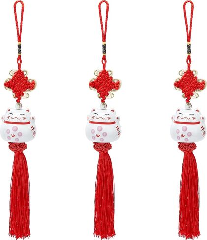 WEBEEDY Lucky Cat Ceramic Car Charm Feng Shui Japanese Maneki Neko Cat Fortune Hanging Pendant Good Luck Charms for Car Rear View Mirror Charm, 3Pcs in Saudi Arabia