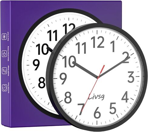 Livsg 10 Inch Wall Clock Modern Round Silent Non Ticking Battery Operated Quality Quartz Digitalclock Easy to Read for Home, Living Room, Bedroom, Kitchen, School, Classroom, Office （Black） in Kuwait