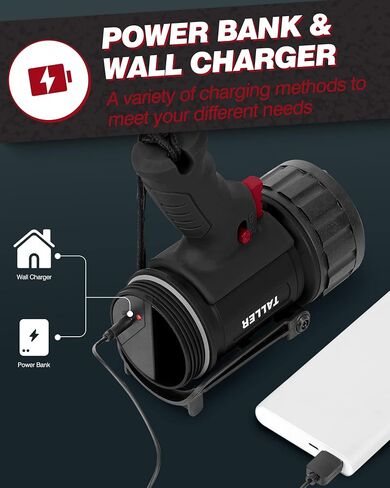 Taller Upgraded Rechargeable Spotlight Outdoor, Super Bright 10000mAh Hand Held Work Lights Flashlight Warning Lamp, IPX7 Waterproof Lightweight LED Spotlight for Boat Camping, Hunting - Black in Saudi Arabia