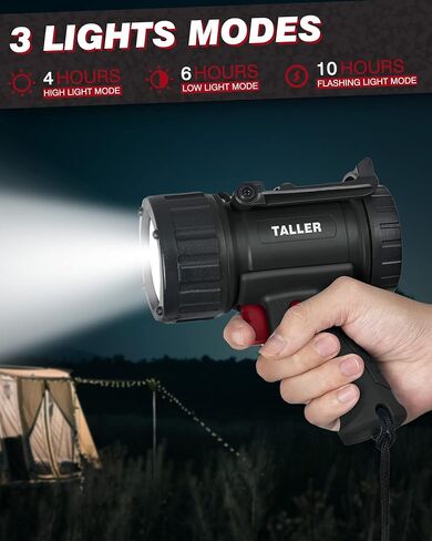 Taller Upgraded Rechargeable Spotlight Outdoor, Super Bright 10000mAh Hand Held Work Lights Flashlight Warning Lamp, IPX7 Waterproof Lightweight LED Spotlight for Boat Camping, Hunting - Black in Saudi Arabia