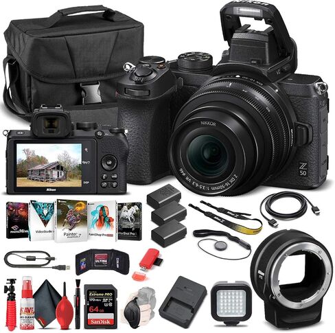 Nikon Z 50 Mirrorless Digital Camera with 16-50mm Lens (1633) + FTZ Mount Adapter + 2 x EN-EL25 Battery + 64GB Card + Case + Corel Software + Light + Filter Kit + More (International Model) (Renewed) in Saudi Arabia
