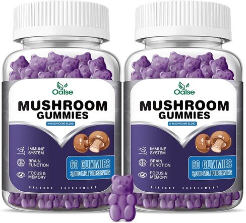 OALSE Mushroom Gummies Lions Mane Supplement - 3000mg Mushroom Extracts of Lions Mane, Reishi, Cordyceps, Shiitake & More - Promotes Focus, Memory, Mood and Energy 120Count（Pack of 2） in Saudi Arabia