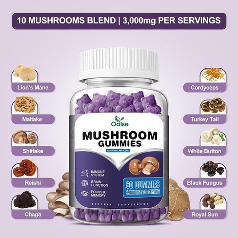 OALSE Mushroom Gummies Lions Mane Supplement - 3000mg Mushroom Extracts of Lions Mane, Reishi, Cordyceps, Shiitake & More - Promotes Focus, Memory, Mood and Energy 120Count（Pack of 2） in Saudi Arabia