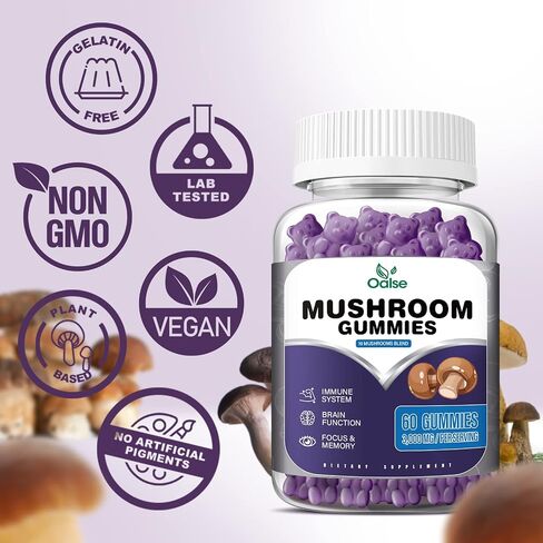 OALSE Mushroom Gummies Lions Mane Supplement - 3000mg Mushroom Extracts of Lions Mane, Reishi, Cordyceps, Shiitake & More - Promotes Focus, Memory, Mood and Energy 120Count（Pack of 2） in Saudi Arabia