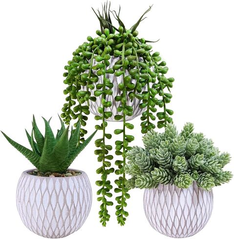 Winlyn 3 Pcs Small Faux Potted Plants Artificial Aloe Hops String of Pearls Succulents Plants in Gray Geometric Concrete Pots for Indoor Outdoor Greenery Shelf Home Bathroom Office Desk Tabletop Décor in Saudi Arabia