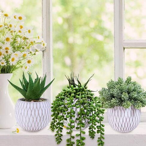 Winlyn 3 Pcs Small Faux Potted Plants Artificial Aloe Hops String of Pearls Succulents Plants in Gray Geometric Concrete Pots for Indoor Outdoor Greenery Shelf Home Bathroom Office Desk Tabletop Décor in Saudi Arabia