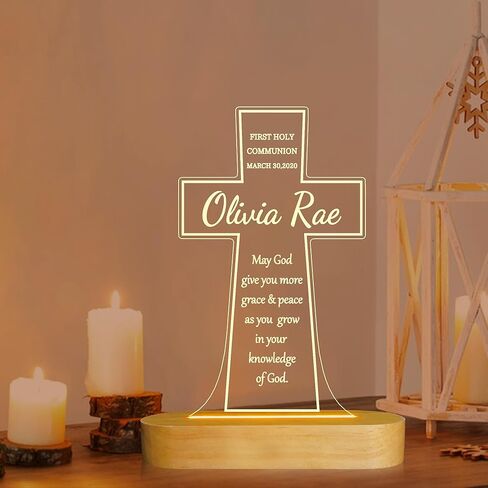 هدايا المناولة الأولى للفتيات من عمونيت، مصباح خشبي متقاطع مصباح إضاءة ليلي مبتكر للأطفال، مصباح تزيين USB طاقة معمودية هدية منزل هدية تدفئة للعرابين هدايا للمعمودية in Kuwait