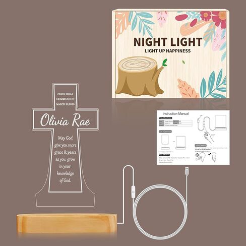 هدايا المناولة الأولى للفتيات من عمونيت، مصباح خشبي متقاطع مصباح إضاءة ليلي مبتكر للأطفال، مصباح تزيين USB طاقة معمودية هدية منزل هدية تدفئة للعرابين هدايا للمعمودية in Kuwait