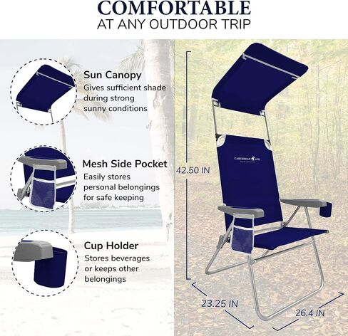 CARIBBEAN JOE Folding Beach Chair, 1 Position High Back Outdoor Camping Chair with Canopy, Lightweight and Portable, Teal in Saudi Arabia