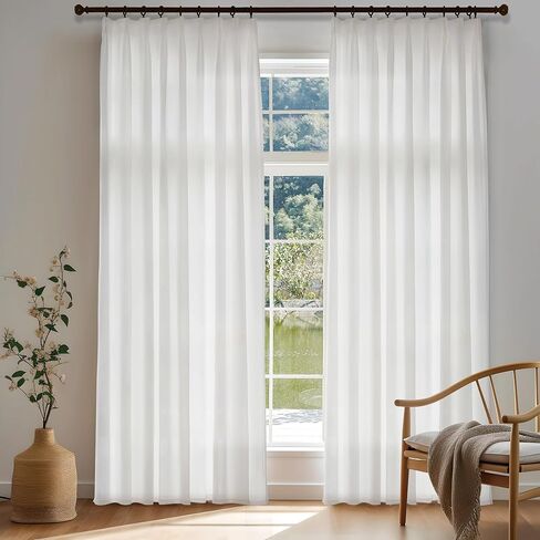 Extra Wide Pinch Pleated Semi Transparent Curtain,Flax Linen Privacy Window Treatment Curtain with Hooks for Bedroom Living Room Patio Door, Light Beige Color (1 Panel, 100 W x 96 L) in Saudi Arabia