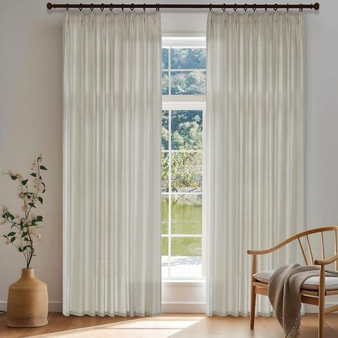 Extra Wide Pinch Pleated Semi Transparent Curtain,Flax Linen Privacy Window Treatment Curtain with Hooks for Bedroom Living Room Patio Door, Light Beige Color (1 Panel, 100 W x 96 L) in Saudi Arabia