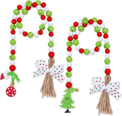 Whaline 2Pcs Christmas Wooden Bead Garlands Red Green Cartoon Character Rustic Wood Bead Garland with Rope Tassel Xmas Hanging Decor for Farmhouse Tiered Tray Home Decor Christmas Party Suppliers in Saudi Arabia