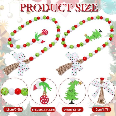 Whaline 2Pcs Christmas Wooden Bead Garlands Red Green Cartoon Character Rustic Wood Bead Garland with Rope Tassel Xmas Hanging Decor for Farmhouse Tiered Tray Home Decor Christmas Party Suppliers in Saudi Arabia