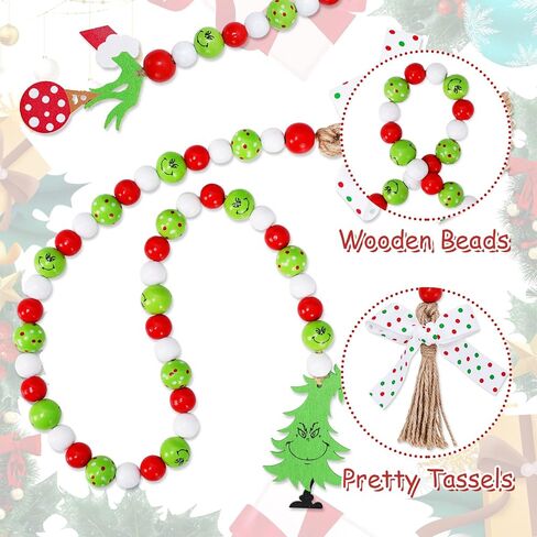 Whaline 2Pcs Christmas Wooden Bead Garlands Red Green Cartoon Character Rustic Wood Bead Garland with Rope Tassel Xmas Hanging Decor for Farmhouse Tiered Tray Home Decor Christmas Party Suppliers in Saudi Arabia