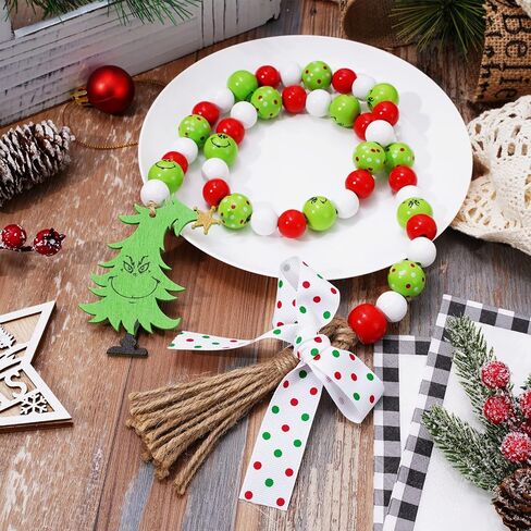 Whaline 2Pcs Christmas Wooden Bead Garlands Red Green Cartoon Character Rustic Wood Bead Garland with Rope Tassel Xmas Hanging Decor for Farmhouse Tiered Tray Home Decor Christmas Party Suppliers in Saudi Arabia
