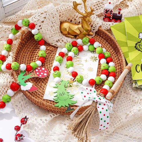 Whaline 2Pcs Christmas Wooden Bead Garlands Red Green Cartoon Character Rustic Wood Bead Garland with Rope Tassel Xmas Hanging Decor for Farmhouse Tiered Tray Home Decor Christmas Party Suppliers in Saudi Arabia