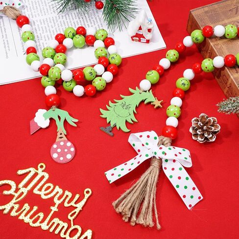 Whaline 2Pcs Christmas Wooden Bead Garlands Red Green Cartoon Character Rustic Wood Bead Garland with Rope Tassel Xmas Hanging Decor for Farmhouse Tiered Tray Home Decor Christmas Party Suppliers in Saudi Arabia