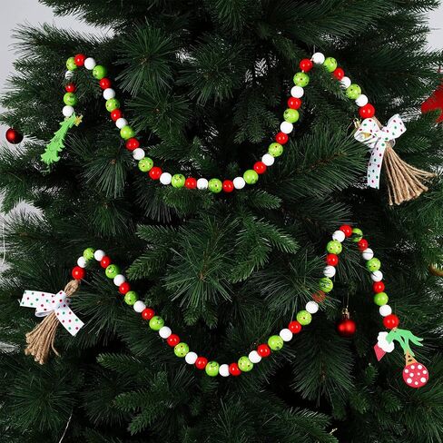 Whaline 2Pcs Christmas Wooden Bead Garlands Red Green Cartoon Character Rustic Wood Bead Garland with Rope Tassel Xmas Hanging Decor for Farmhouse Tiered Tray Home Decor Christmas Party Suppliers in Saudi Arabia