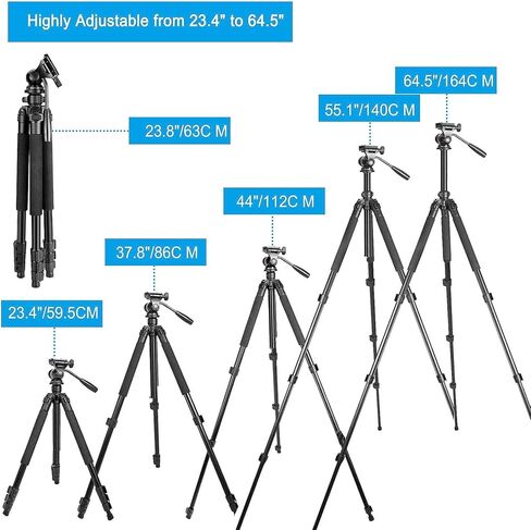 حوامل ثلاثية للكاميرا، حامل ثلاثي القوائم محمول للسفر بحجم كامل 23.4-64.5 بوصة - متوافق مع كاميرات SLR، والهواتف المحمولة، والمناظير، ونطاقات الإكتشاف، والمناظير الأحادية in Kuwait