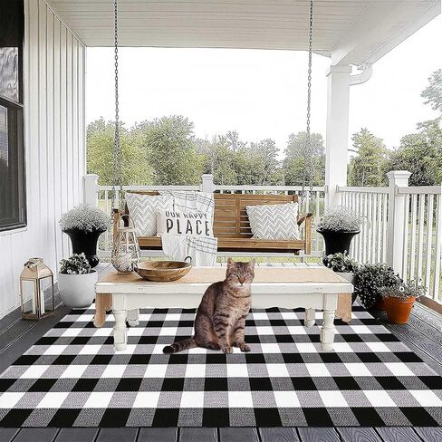 Buffalo Plaid Rug 2' x 3' Outdoor/Indoor Black and White Checkered Samll Area Rug,Retro Cotton Woven Check Washble Entryway Front Porch Decor Rugs for Layered Welcome Front Door Mats in Saudi Arabia