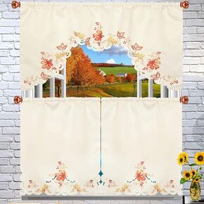 Grelucgo Embroidered Fall Leaves Kitchen Window Swag and Tiers Curtain Set for Thanksgiving in Kuwait