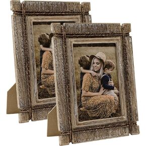 إطارات صور ريفية من takfot مقاس 5 × 7 مجموعة إطارات صور خشبية مكونة من قطعتين، إطارات صور غربية متعثرة من خشب البارنوود مع زجاج حقيقي وحبل قنب، شاشة عرض على الحائط والطاولة، هدايا لأصدقاء العائلة