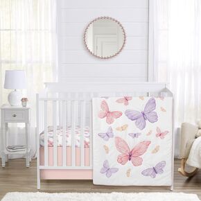 Sweet Jojo Designs Pink and Purple Shabby Chic Butterfly Girl Baby Crib Bedding Set Infant Nursery Room Blanket Fitted Sheet Skirt 3p Blush Yellow Lavender Colorful Pastel Lilac Watercolor Pattern