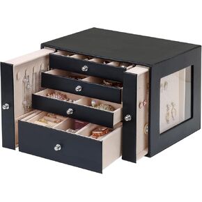صندوق تنظيم المجوهرات من DesignSter، منظم مجوهرات جلدي مكون من 4 طبقات، صندوق مجوهرات كبير مع أدراج جانبية مرئية، حقيبة تخزين المجوهرات للقلائد والأقراط والخواتم والأساور والساعات (أسود) in Kuwait