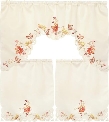 Grelucgo Embroidered Fall Leaves Kitchen Window Swag and Tiers Curtain Set for Thanksgiving in Saudi Arabia