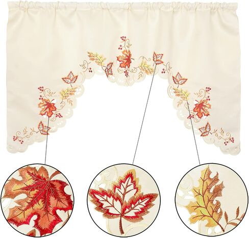 Grelucgo Embroidered Fall Leaves Kitchen Window Swag and Tiers Curtain Set for Thanksgiving in Saudi Arabia