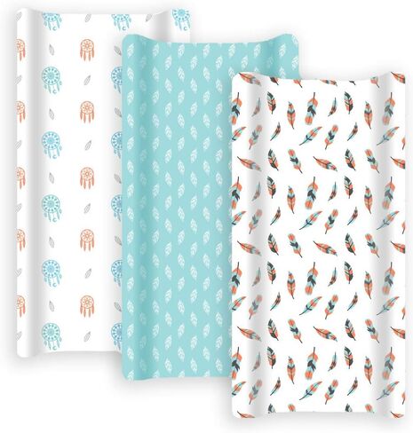GROW WILD Changing Pad Cover 3 Pack | Soft & Stretchy Jersey Cotton | Baby Changing Table Pad Cover | Diaper Changing Pad Covers for Girls or Boys | Wipeable Sheets | Teal White Boho Feathers Dream in Kuwait