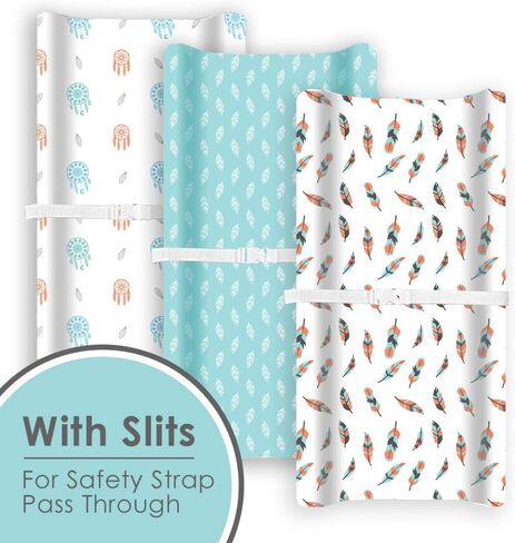 GROW WILD Changing Pad Cover 3 Pack | Soft & Stretchy Jersey Cotton | Baby Changing Table Pad Cover | Diaper Changing Pad Covers for Girls or Boys | Wipeable Sheets | Teal White Boho Feathers Dream in Kuwait