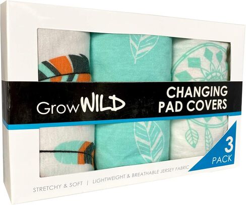GROW WILD Changing Pad Cover 3 Pack | Soft & Stretchy Jersey Cotton | Baby Changing Table Pad Cover | Diaper Changing Pad Covers for Girls or Boys | Wipeable Sheets | Teal White Boho Feathers Dream in Kuwait