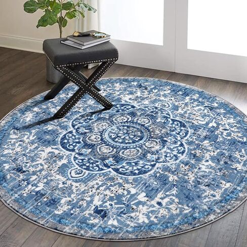 HEBE Boho Round Area Rug 4Ft Non Slip Washable Rug for Living Room Bedroom Vintage Distressed Medallion Round Rug Soft Circle Rug Throw Carpet for Dining Room Bathroom Nursery in Kuwait