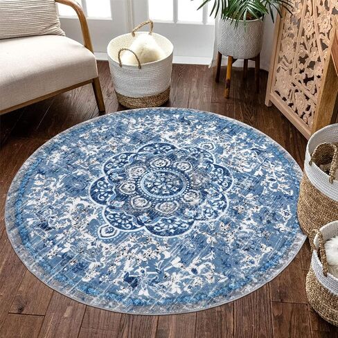 HEBE Boho Round Area Rug 4Ft Non Slip Washable Rug for Living Room Bedroom Vintage Distressed Medallion Round Rug Soft Circle Rug Throw Carpet for Dining Room Bathroom Nursery in Kuwait