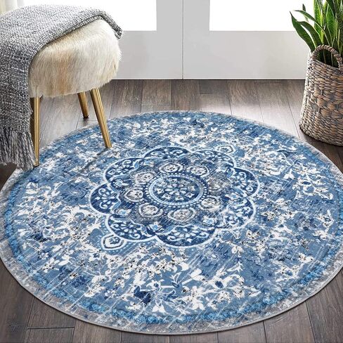 HEBE Boho Round Area Rug 4Ft Non Slip Washable Rug for Living Room Bedroom Vintage Distressed Medallion Round Rug Soft Circle Rug Throw Carpet for Dining Room Bathroom Nursery in Kuwait