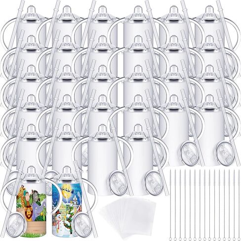 Yaomiao 30 Sets 12 oz Sublimation Sippy Cup with Straw and Lid Blank Insulated Stainless Steel Tumblers with Handle and Shrink Films Blanks Water Bottle for Kids Toddler Baby Gifts in Saudi Arabia
