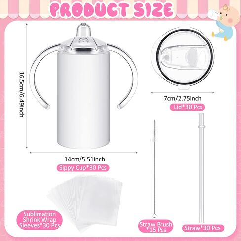 Yaomiao 30 Sets 12 oz Sublimation Sippy Cup with Straw and Lid Blank Insulated Stainless Steel Tumblers with Handle and Shrink Films Blanks Water Bottle for Kids Toddler Baby Gifts in Saudi Arabia