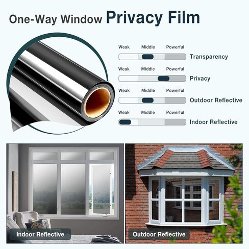 Tatub 23.6"x78" One Way Window Film Daytime Privacy Static Cling Mirror Window Tint for Home Office Door Living Room, Heat Reflective UV Blocking House Window Mirror Glass Tint, Black-Silver in Kuwait
