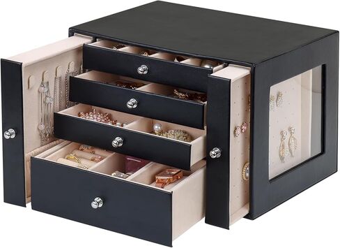 صندوق تنظيم المجوهرات من DesignSter، منظم مجوهرات جلدي مكون من 4 طبقات، صندوق مجوهرات كبير مع أدراج جانبية مرئية، حقيبة تخزين المجوهرات للقلائد والأقراط والخواتم والأساور والساعات (أسود) in Kuwait