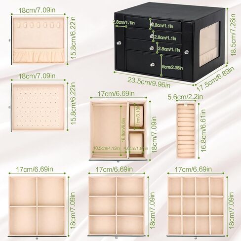 صندوق تنظيم المجوهرات من DesignSter، منظم مجوهرات جلدي مكون من 4 طبقات، صندوق مجوهرات كبير مع أدراج جانبية مرئية، حقيبة تخزين المجوهرات للقلائد والأقراط والخواتم والأساور والساعات (أسود) in Kuwait