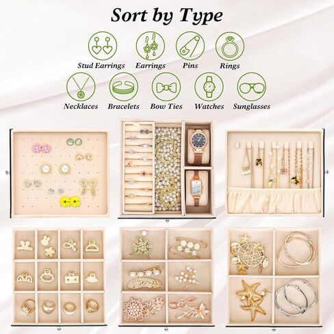 صندوق تنظيم المجوهرات من DesignSter، منظم مجوهرات جلدي مكون من 4 طبقات، صندوق مجوهرات كبير مع أدراج جانبية مرئية، حقيبة تخزين المجوهرات للقلائد والأقراط والخواتم والأساور والساعات (أسود) in Kuwait