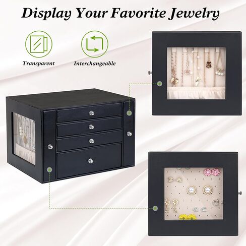 صندوق تنظيم المجوهرات من DesignSter، منظم مجوهرات جلدي مكون من 4 طبقات، صندوق مجوهرات كبير مع أدراج جانبية مرئية، حقيبة تخزين المجوهرات للقلائد والأقراط والخواتم والأساور والساعات (أسود) in Kuwait