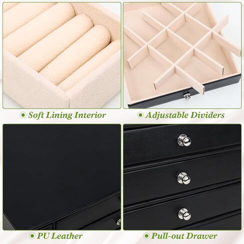 صندوق تنظيم المجوهرات من DesignSter، منظم مجوهرات جلدي مكون من 4 طبقات، صندوق مجوهرات كبير مع أدراج جانبية مرئية، حقيبة تخزين المجوهرات للقلائد والأقراط والخواتم والأساور والساعات (أسود) in Kuwait