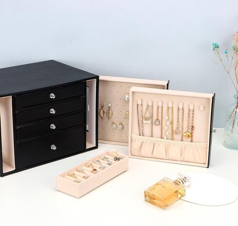 صندوق تنظيم المجوهرات من DesignSter، منظم مجوهرات جلدي مكون من 4 طبقات، صندوق مجوهرات كبير مع أدراج جانبية مرئية، حقيبة تخزين المجوهرات للقلائد والأقراط والخواتم والأساور والساعات (أسود) in Kuwait