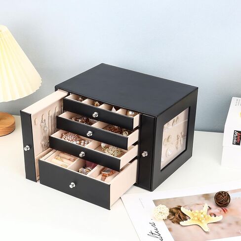 صندوق تنظيم المجوهرات من DesignSter، منظم مجوهرات جلدي مكون من 4 طبقات، صندوق مجوهرات كبير مع أدراج جانبية مرئية، حقيبة تخزين المجوهرات للقلائد والأقراط والخواتم والأساور والساعات (أسود) in Kuwait