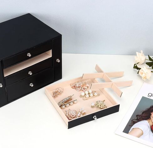 صندوق تنظيم المجوهرات من DesignSter، منظم مجوهرات جلدي مكون من 4 طبقات، صندوق مجوهرات كبير مع أدراج جانبية مرئية، حقيبة تخزين المجوهرات للقلائد والأقراط والخواتم والأساور والساعات (أسود) in Kuwait