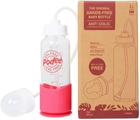 Hands-Free Baby Bottle - Anti-Colic Nursing System 7 oz Glass Baby Bottle with Fast Flow Nipple/Teat 3m+ with Tube Straw Feeding System for Toddler (1 Bottle - Blue) in Saudi Arabia