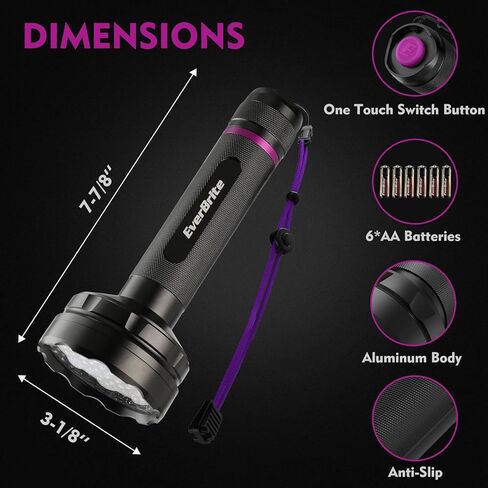 مصباح يدوي EverBrite للأشعة فوق البنفسجية، 51 مصباح LED أسود، مصباح يدوي أسود 395 نانومتر للكشف عن بول الحيوانات الأليفة، السجاد، العقارب وحشرات السرير، البطاريات متضمنة in Kuwait